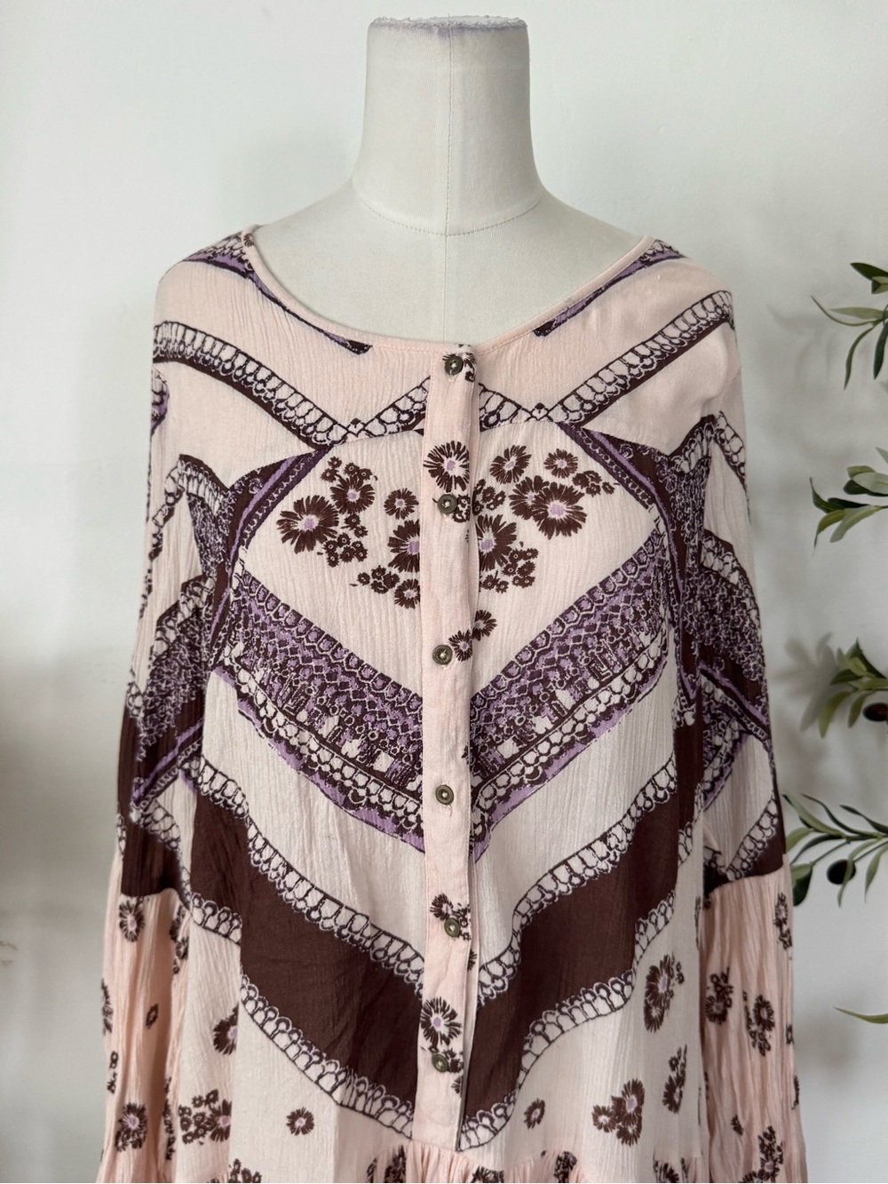 Free People Pink Brown Floral Boho Tunic Mini Dress Size M Oversized - Picture 2 of 6
